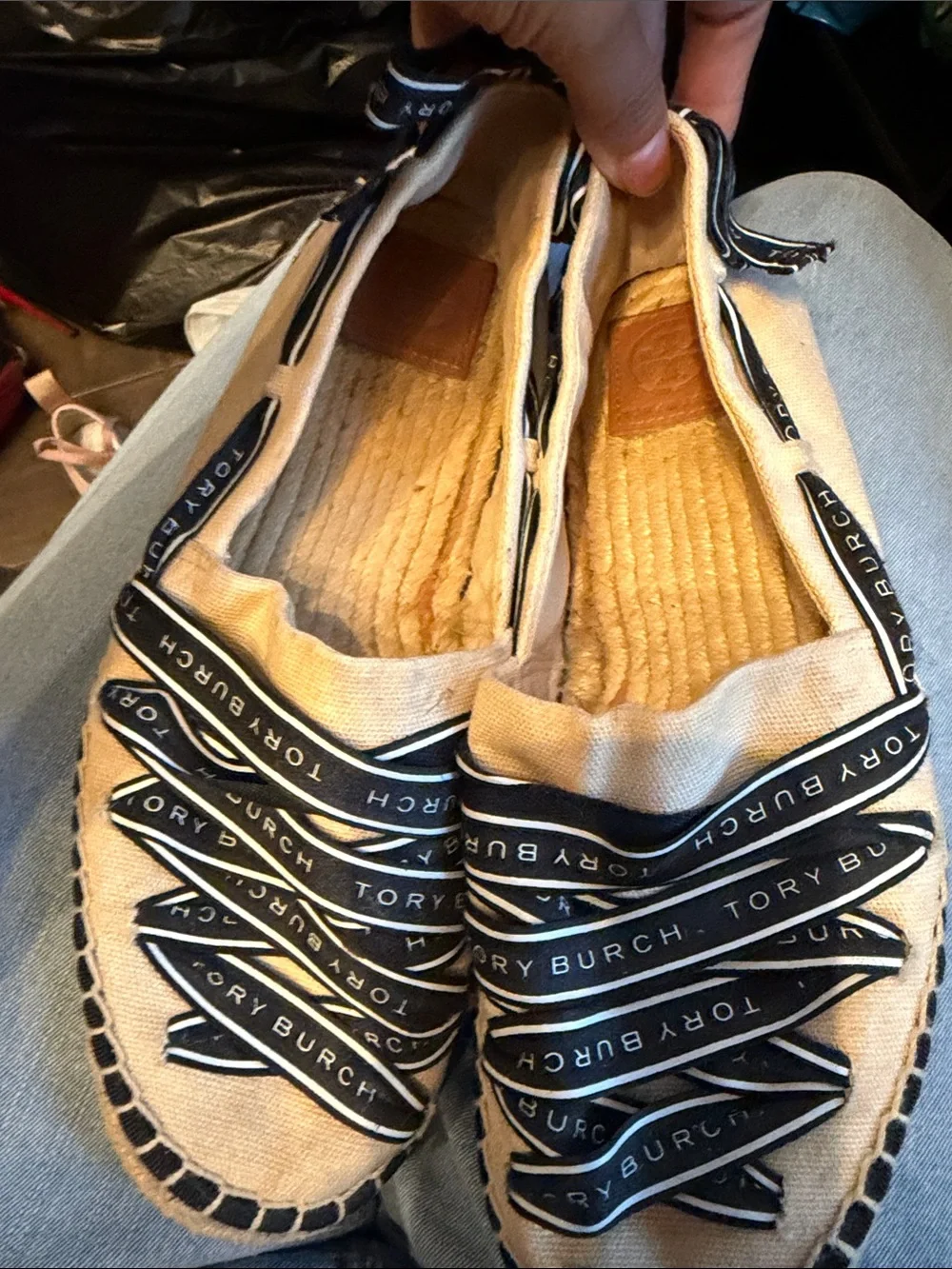 Tory Burch Beige Canvas Espadrille Slip-Ons with Black Logo Ribbon